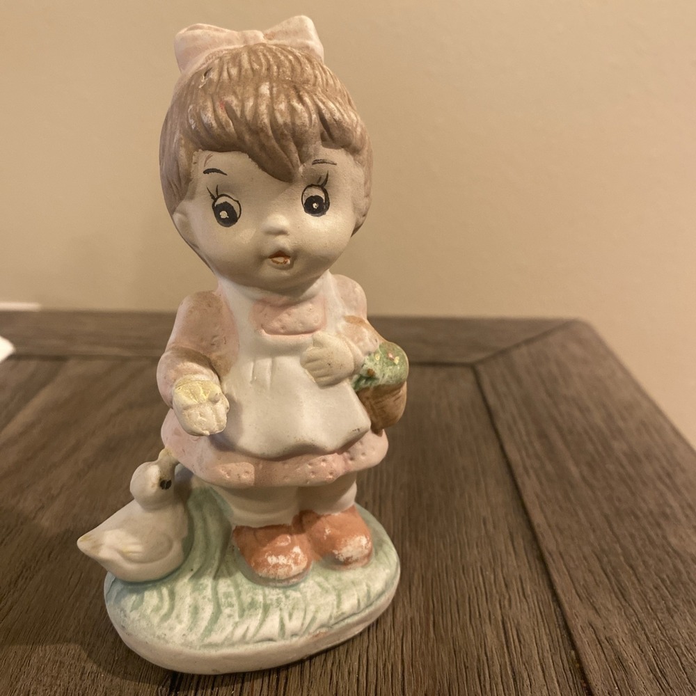 Vintage Porcelain‎ Bisque Figurine of a Girl Feeding Duck